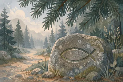 Ichthys Symbol Carved on Forest Stone