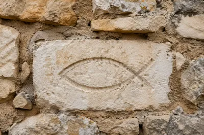 Ancient Ichthys Fish Symbol in Stone