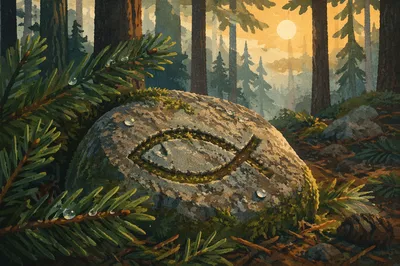 Carved Ichthys Stone Among Evergreen Branches