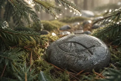 Carved Ichthys Stone on Evergreen Forest Floor