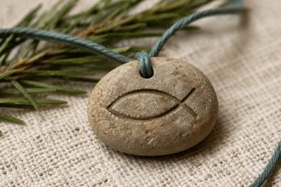 Carved Ichthys Stone Pendant with Evergreen