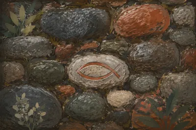 Carved Ichthys on Rain-Wet River Stone