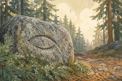 Ichthys Carving on Evergreen Woodland Stone