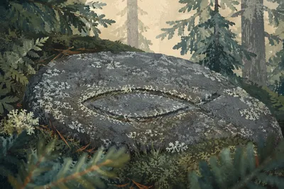 Carved Ichthys Stone in Evergreen Forest