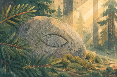 Ancient Ichthys Carving Among Evergreen Moss