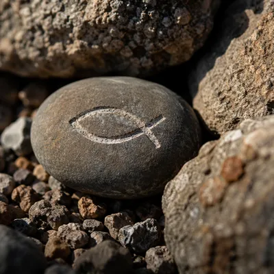 Carved Ichthys Stone in Warm Sunlight