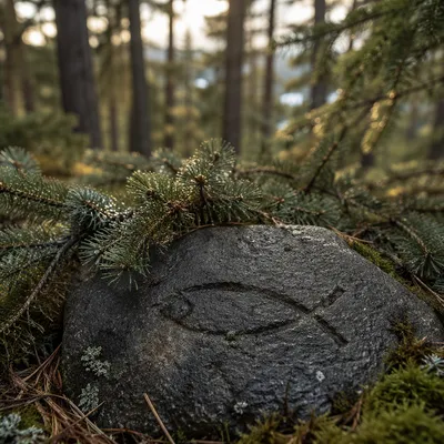 Ancient Ichthys Carving on Evergreen Forest Stone