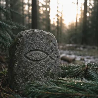 Ancient Ichthys Stone in Evergreen Forest