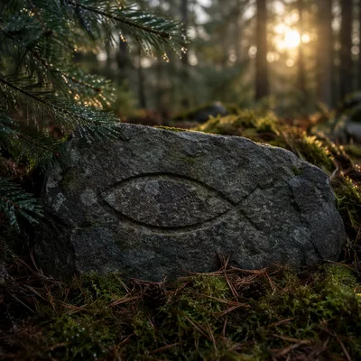 Carved Ichthys Stone in Evergreen Forest