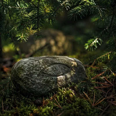 Ancient Ichthys Stone Among Evergreen Needles