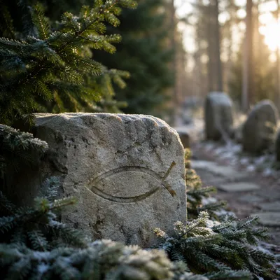 Ichthys Carved Stone Among Evergreen Frost