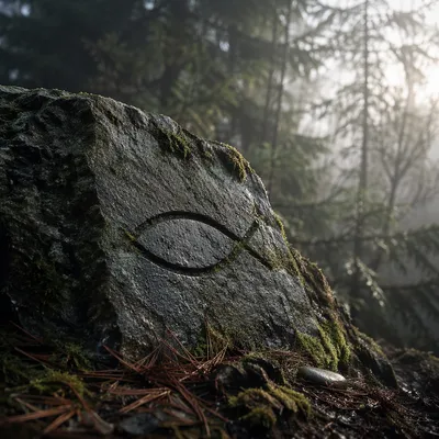 Ancient Ichthys Carving in Evergreen Mist