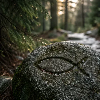 Ancient Ichthys Carving on Mossy Stone