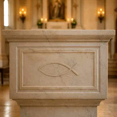 Ancient Ichthys Carving on Chapel Altar