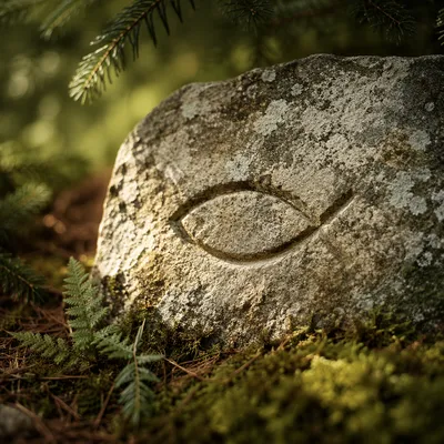 Ancient Ichthys Carving on Evergreen Forest Stone
