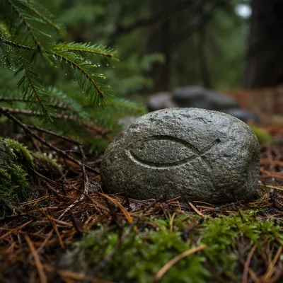 Ichthys Fish Symbol Carved on River Stone