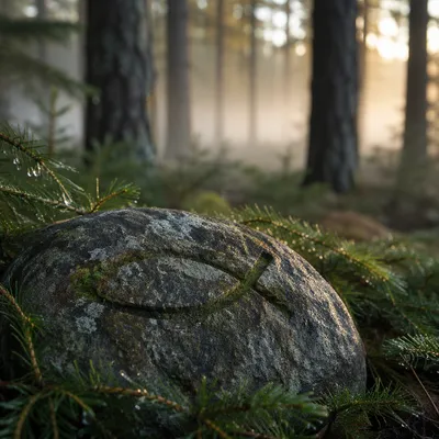 Weathered Stone Ichthys Among Evergreen Branches