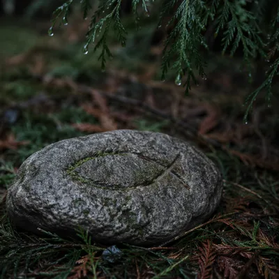 Ichthys Carved Stone on Evergreen Needles