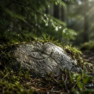 Ancient Ichthys Carving on Evergreen Forest Stone