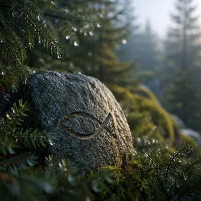 Ichthys Carving on Weathered Woodland Stone