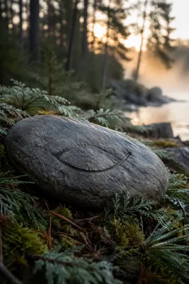 Carved Ichthys Stone on Evergreen Forest Floor