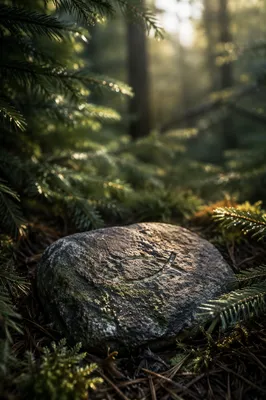 Ancient Ichthys Carving Among Evergreen Needles