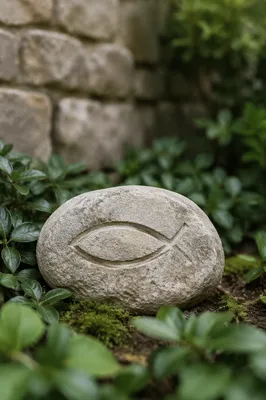 Ichthys Carving on Weathered Garden Stone