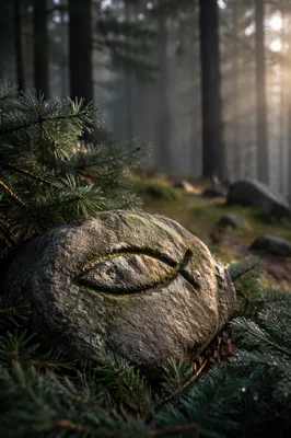 Carved Ichthys Stone Among Evergreen Branches