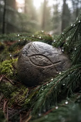 Carved Ichthys Stone on Evergreen Forest Floor