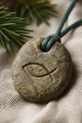 Carved Ichthys Stone Pendant with Evergreen