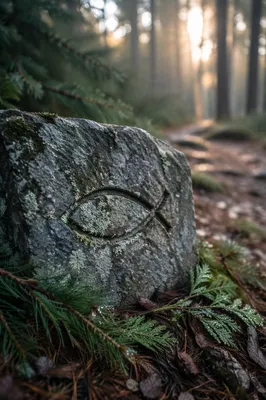 Carved Ichthys Symbol on Evergreen Path