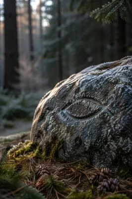 Frosted Ichthys Carving in Evergreen Forest