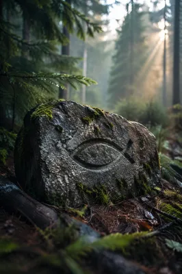 Ancient Ichthys Carving in Evergreen Forest
