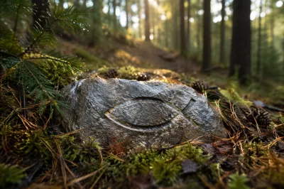 Ichthys Carved Stone in Evergreen Forest