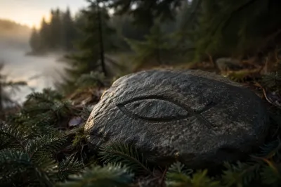 Carved Ichthys Stone on Evergreen Forest Floor