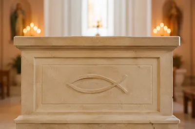 Ancient Ichthys Carving on Stone Chapel Altar
