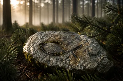 Carved Ichthys Stone Among Evergreen Branches