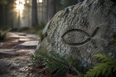Ichthys Carving on Evergreen Forest Stone