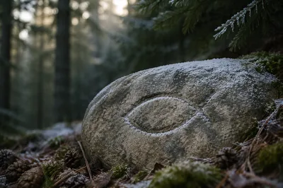 Frosted Ichthys Carving on Ancient Forest Stone
