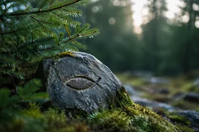 Ichthys Stone Marker Among Evergreen Pines