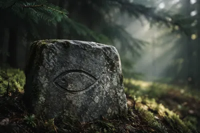 Ancient Ichthys Carving in Evergreen Forest
