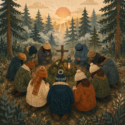 Intercessory Prayer Circle in Evergreen Forest