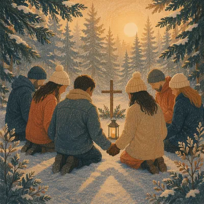 Intercessory Prayer Circle in Evergreen Snow