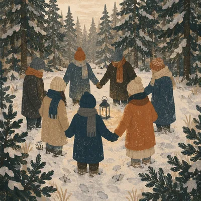 Winter Intercessory Prayer Circle in Evergreen Forest