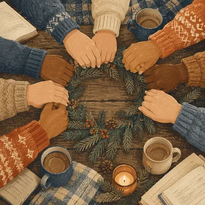 Evergreen Intercessory Prayer Circle on Rustic Table