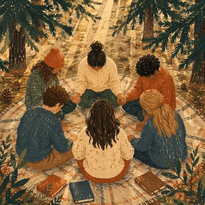 Intercessory Prayer Circle Beneath Evergreens