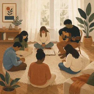 Intercessory Prayer Circle in Modest Living Room