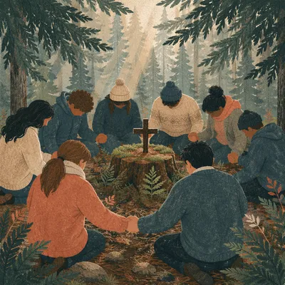 Intercessory Prayer Circle in Evergreen Forest