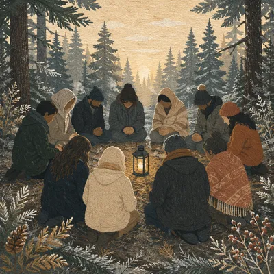 Intercessory Prayer Circle in Evergreen Forest