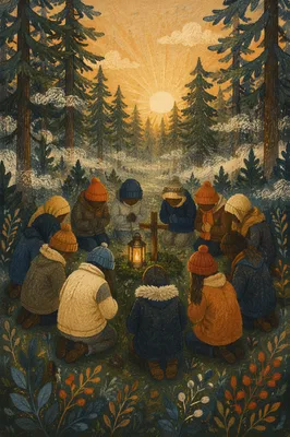 Intercessory Prayer Circle in Evergreen Forest